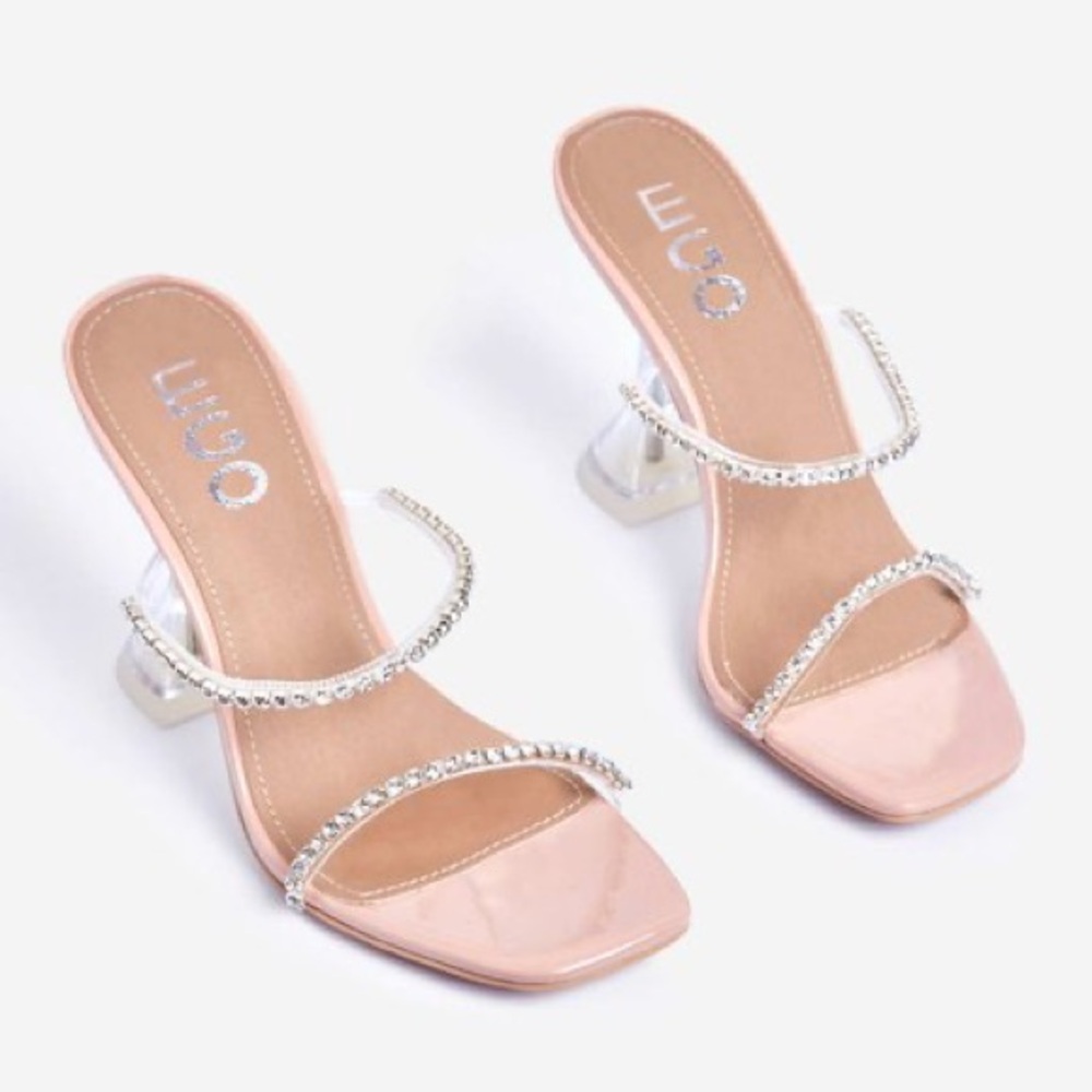 EGO Dreams Diamante Detail Clear Perspex Pyramid Heel in Nude Patent